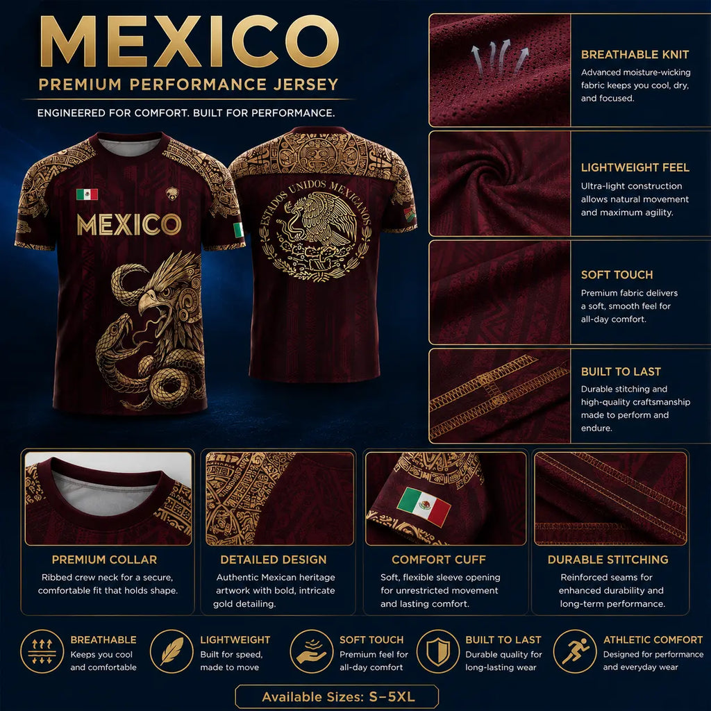 Mexico Soccer Jersey – Aztec Eagle & Serpent Graphic Shirt, Unisex Short Sleeve Burgundy & Gold Fan Apparel