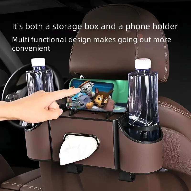 Multifunctional Car Seat Back Organizer: Storage Box with Tissue Holder, Dual Cup Holders & Bag Hooks