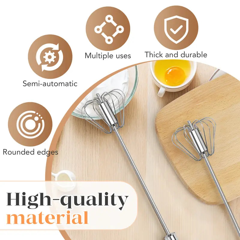 Semi-Automatic Stainless Steel Rotary Whisk – Hand-Push Food-Grade Egg Beater