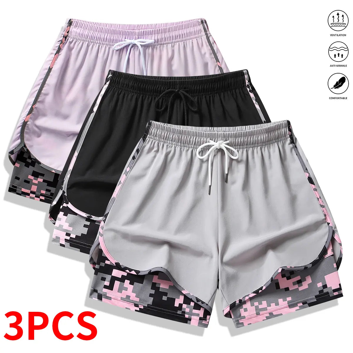 3-Pack Women’s Athletic Shorts with Liner – Drawstring Elastic Waistband Running Shorts