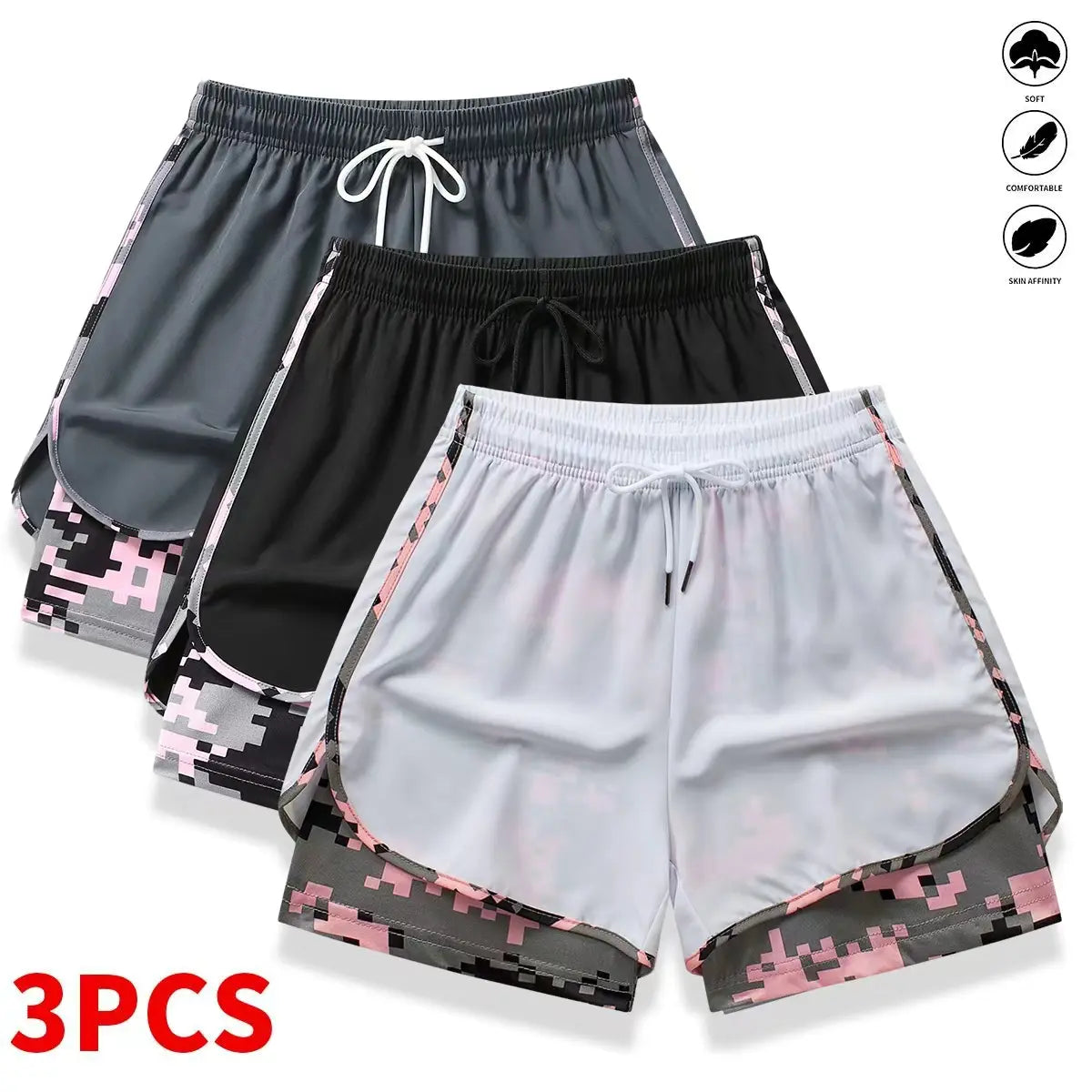 3-Pack Women’s Athletic Shorts with Liner – Drawstring Elastic Waistband Running Shorts