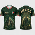 2026 Mexico Dark Green V-Neck Soccer Jersey – Aztec Calendar & Ancient Temple Graphic Tee