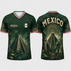 2026 Mexico Dark Green V-Neck Soccer Jersey – Aztec Calendar & Ancient Temple Graphic Tee