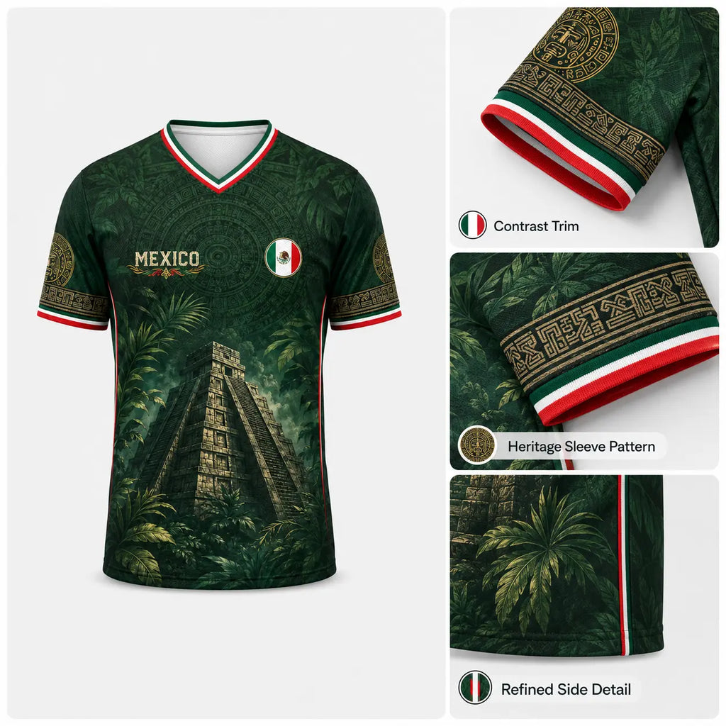 2026 Mexico Dark Green V-Neck Soccer Jersey – Aztec Calendar & Ancient Temple Graphic Tee
