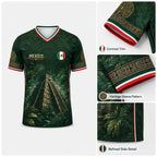 2026 Mexico Dark Green V-Neck Soccer Jersey – Aztec Calendar & Ancient Temple Graphic Tee