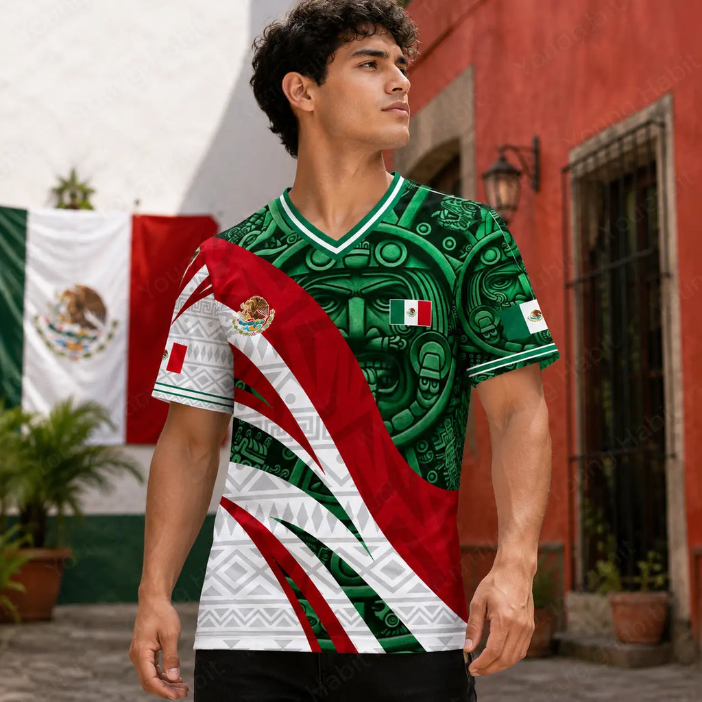 Mexico Flag Eagle V-Neck Jersey – Aztec Pattern Patriotic Soccer Style Shirt