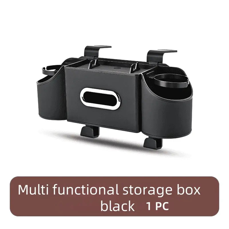 Multifunctional Car Seat Back Organizer: Storage Box with Tissue Holder, Dual Cup Holders & Bag Hooks