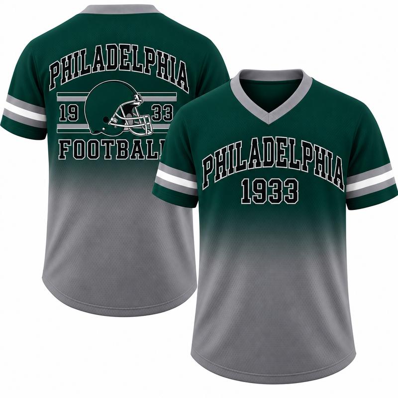 Game Day Gradient V-Neck Jersey – City Helmet Print Short-Sleeve Mesh Fan Shirt