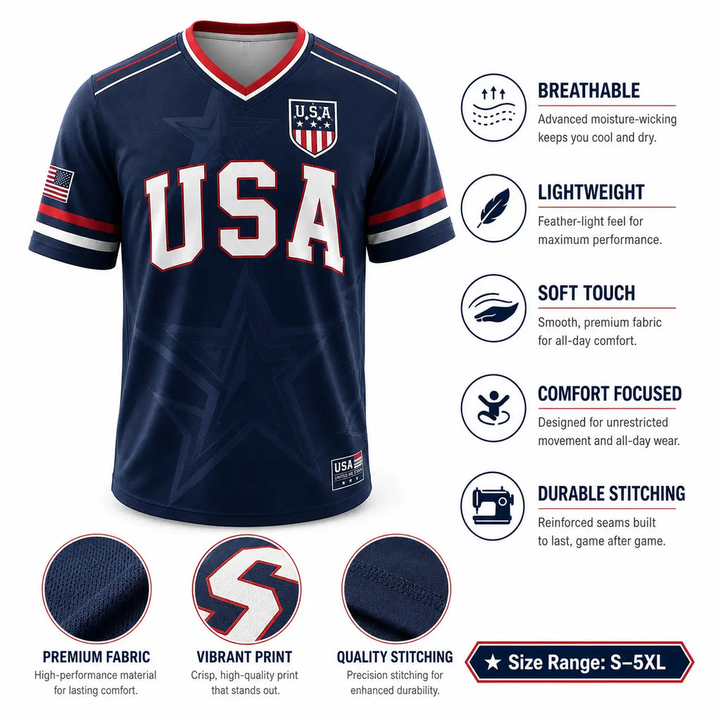 USA Patriotic Soccer Jersey – Navy American Flag & Statue of Liberty V-Neck Sports Tee