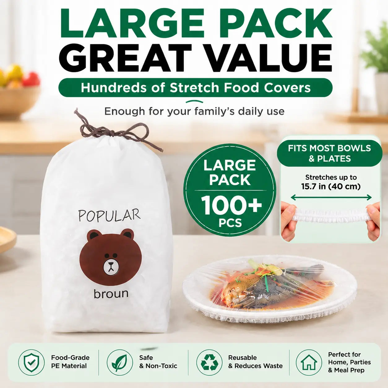 100-Pack Disposable Stretch Plastic Food Covers – Elastic Bowl Covers for Kitchen Storage