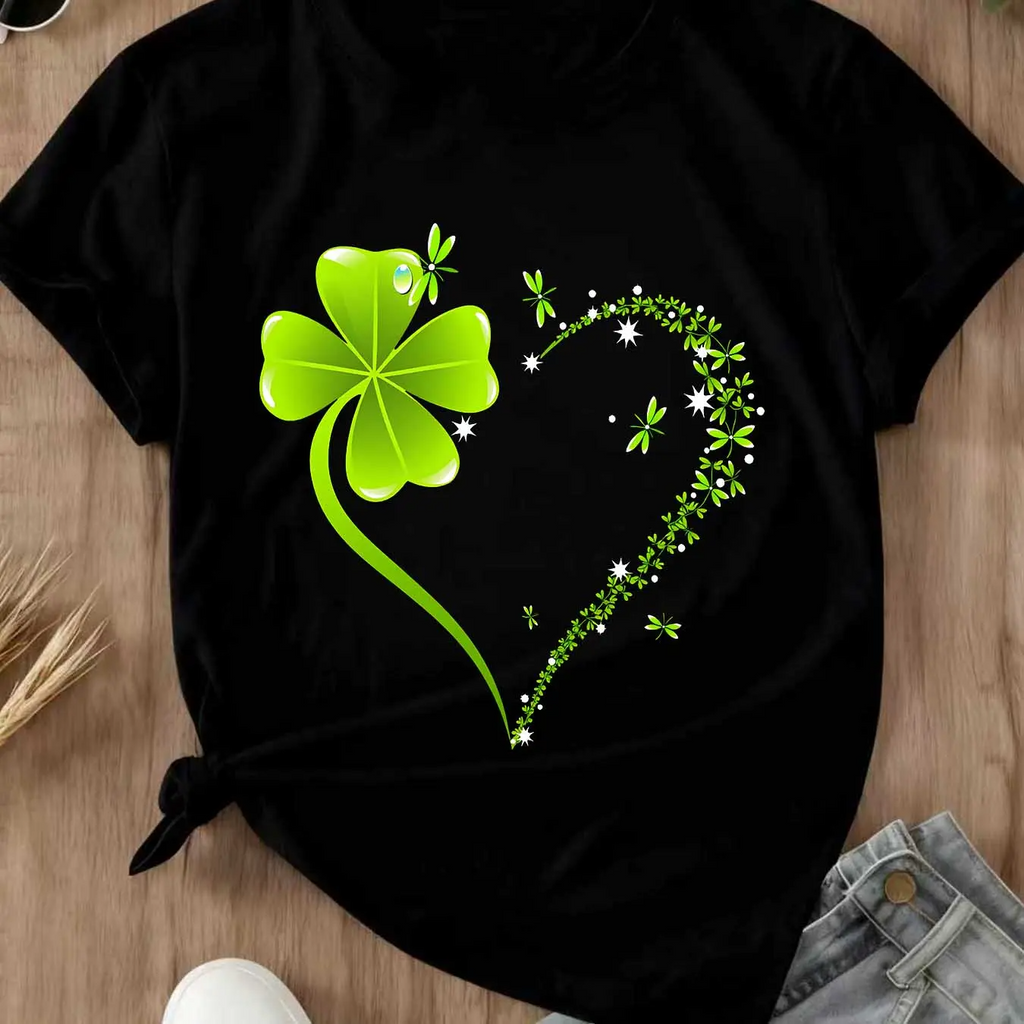 Crew Neck T-Shirt Four Leaf Clover Heart Design St Patrick's Day Celebration