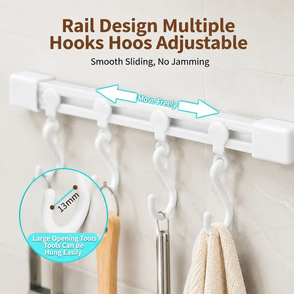 Adjustable 10-Hook Slide Rail Organiser – Multifunctional Adhesive Storage Rack for Kitchen & Bathroom