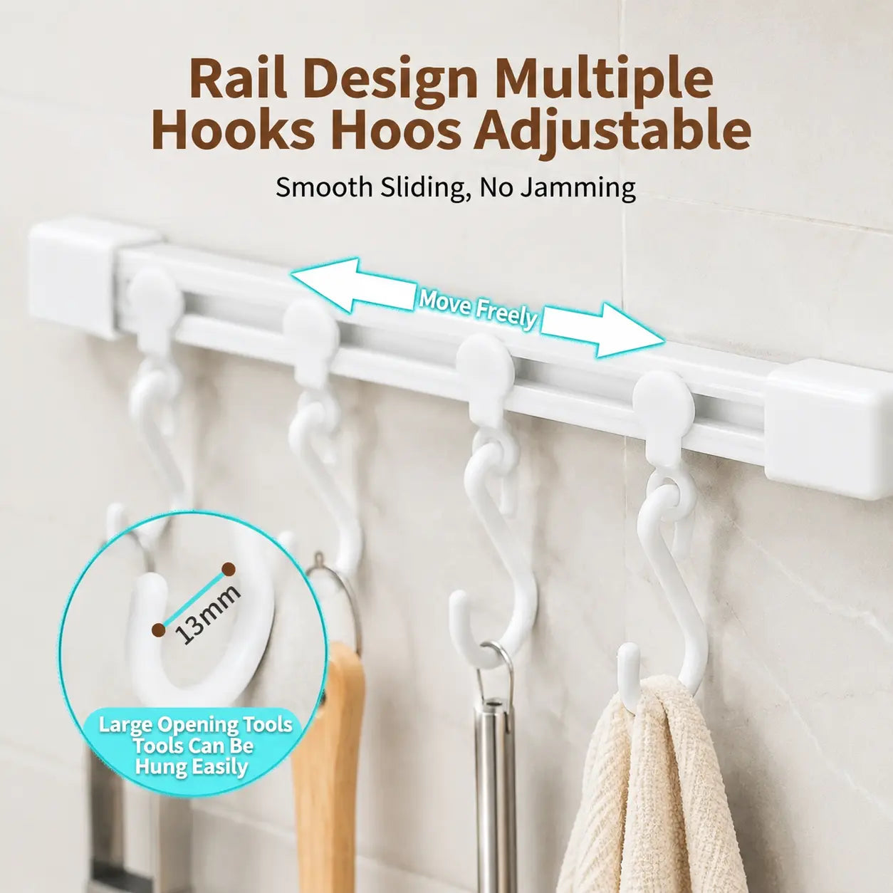 Adjustable 10-Hook Slide Rail Organiser – Multifunctional Adhesive Storage Rack for Kitchen & Bathroom
