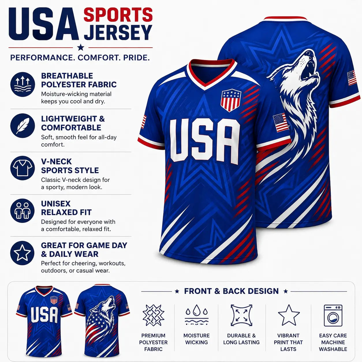 USA Patriotic Wolf Graphic V-Neck Sports Jersey – Lightweight Quick-Dry Athletic Top