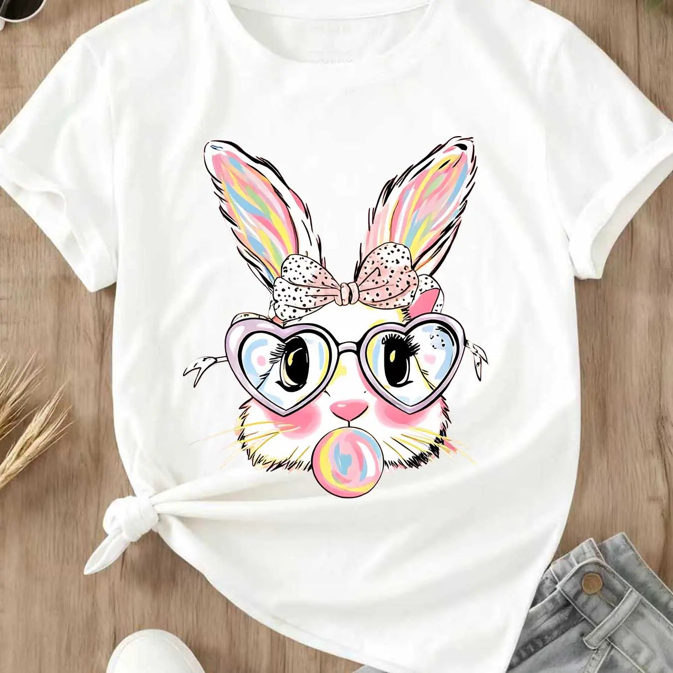 Cute Easter Bunny T-Shirt | Colorful Rabbit with Heart Glasses & Bubblegum