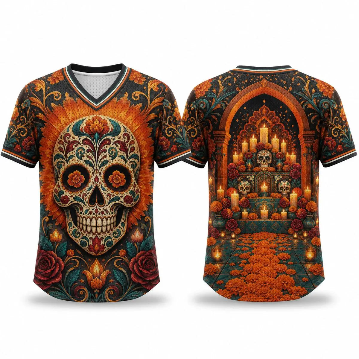 Ember Marigold Altar Calavera All-Over Print Mesh V-Neck Jersey Sports Shirt