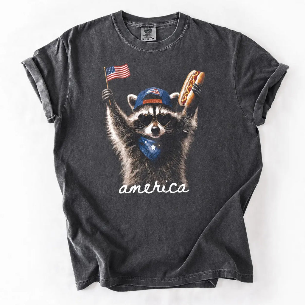 Comfort Colors Feral & Free Raccoon Patriotic Shirt – Retro 4th of July USA Independence Day Tee