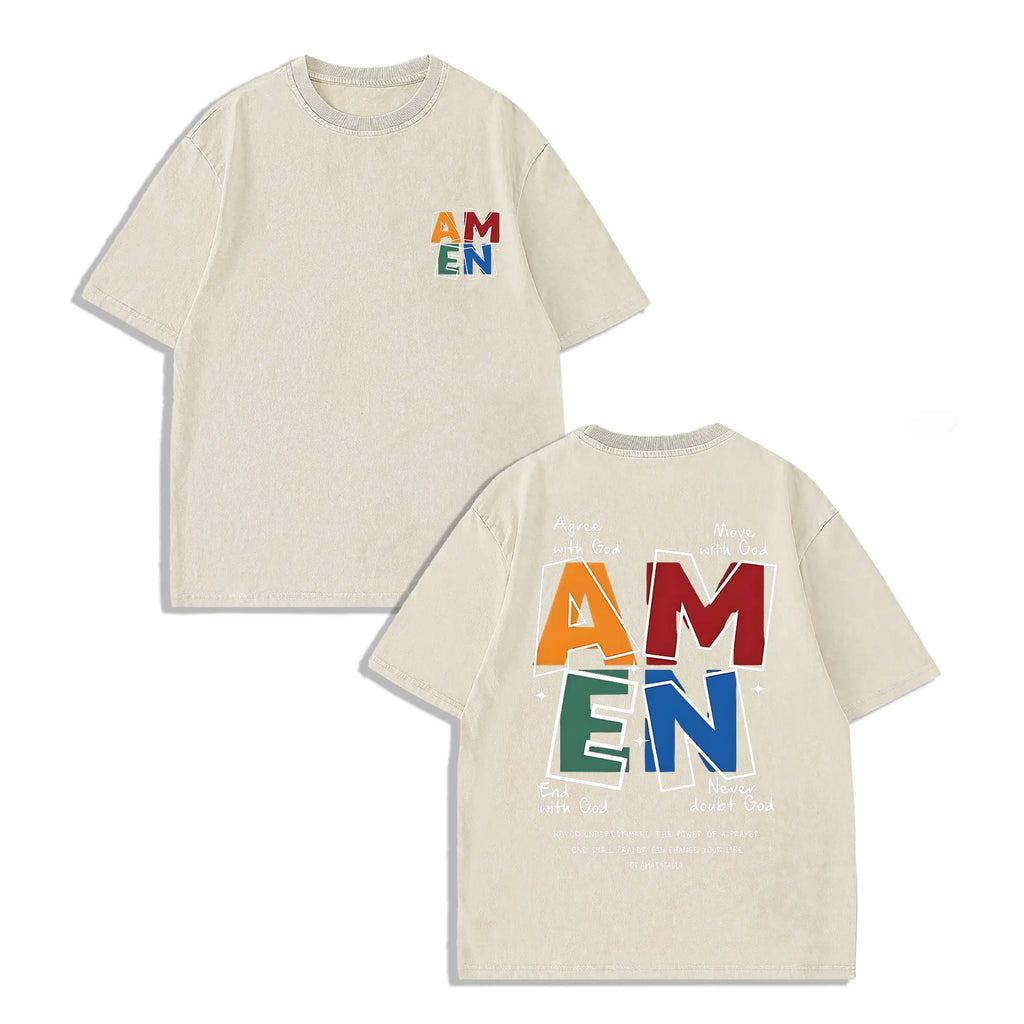 AMEN Vintage Distressed Tee | 230g Premium Washed Cotton | Classic Letter Graphic T-Shirt - Unisex Casual Fit