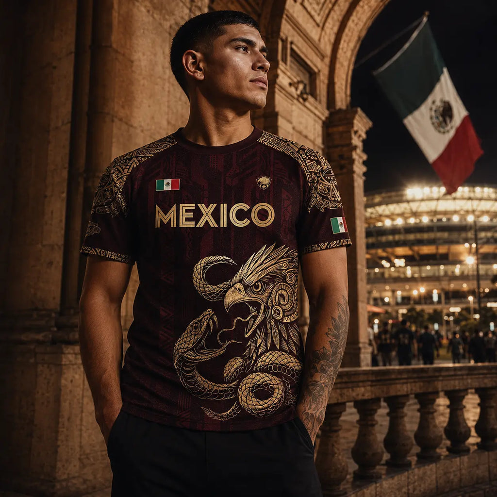 Mexico Soccer Jersey – Aztec Eagle & Serpent Graphic Shirt, Unisex Short Sleeve Burgundy & Gold Fan Apparel