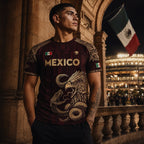 Mexico Soccer Jersey – Aztec Eagle & Serpent Graphic Shirt, Unisex Short Sleeve Burgundy & Gold Fan Apparel