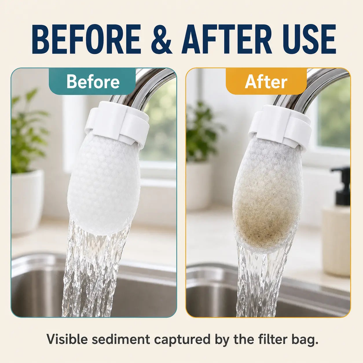 Faucet Cotton Sediment Filter Sock Bags – 50 Pack Splash-Reducing Tap Water Strainer