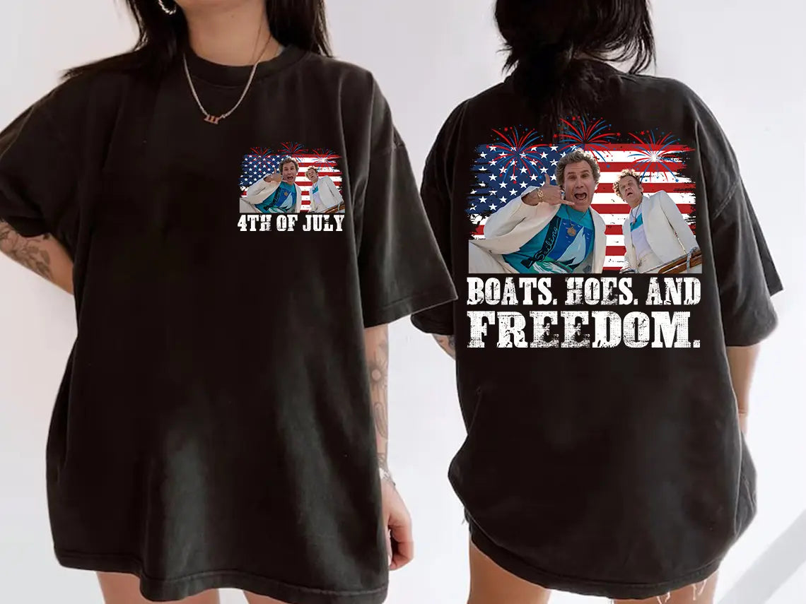 Comfort Colors "Boats Hoes & Freedom" Parody Shirt – Funny 4th of July Step Brothers Tee