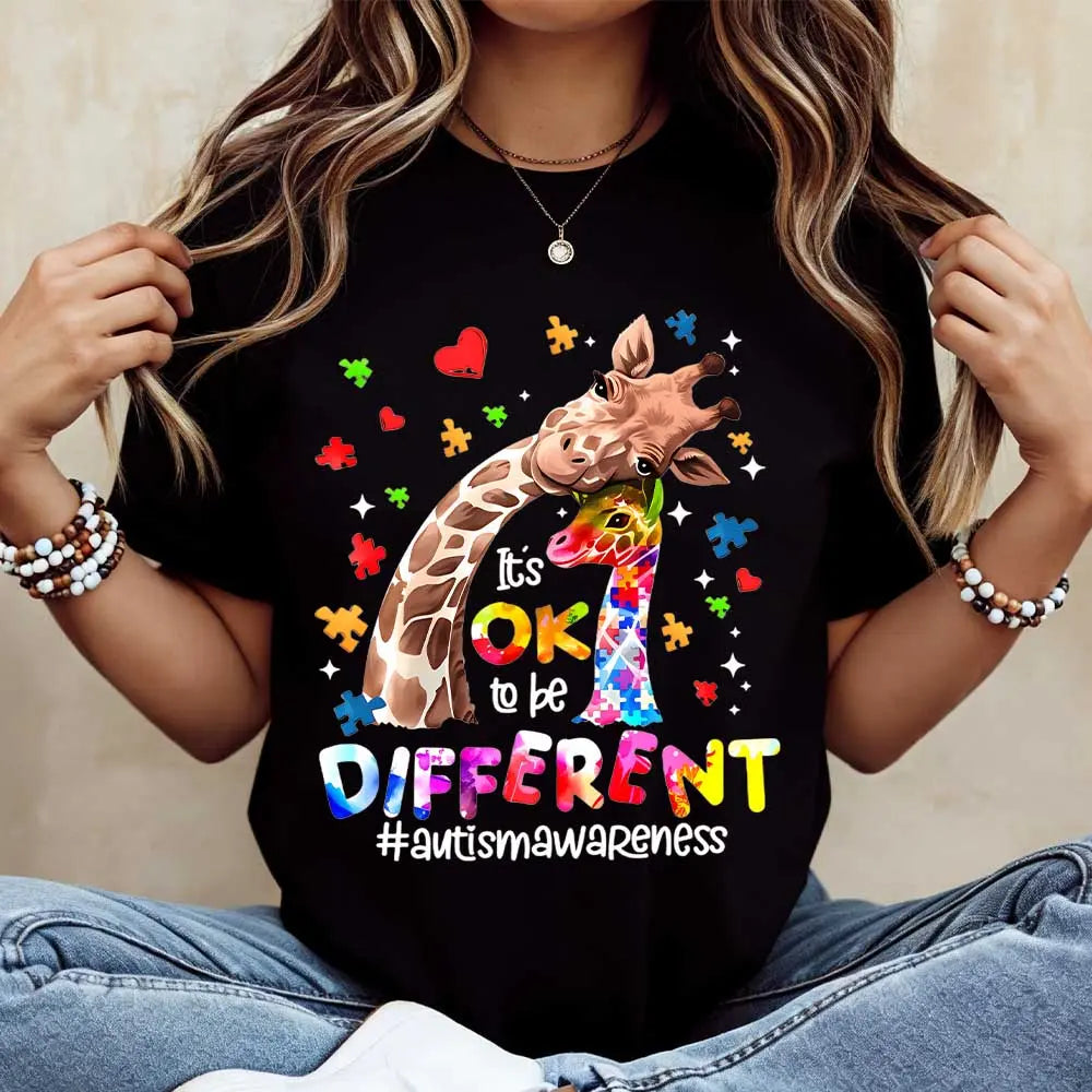 "It's OK to be Different" Autism Shirt | Cute Giraffe Family Puzzle Tee