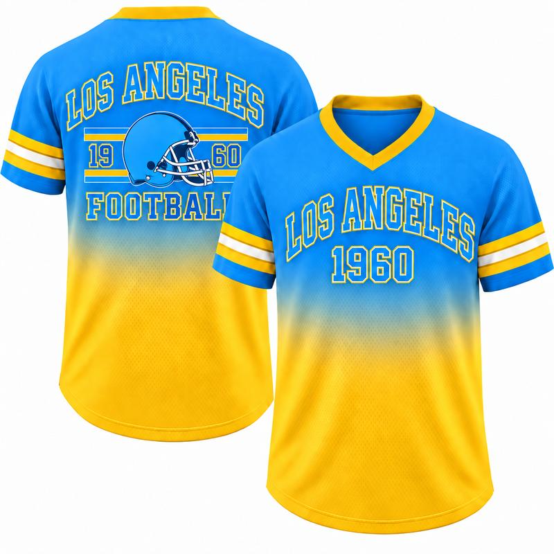 Game Day Gradient V-Neck Jersey – City Helmet Print Short-Sleeve Mesh Fan Shirt