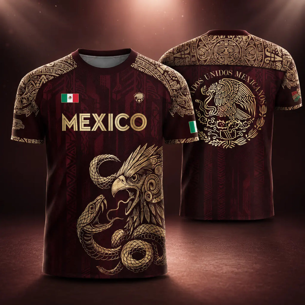 Mexico Soccer Jersey – Aztec Eagle & Serpent Graphic Shirt, Unisex Short Sleeve Burgundy & Gold Fan Apparel