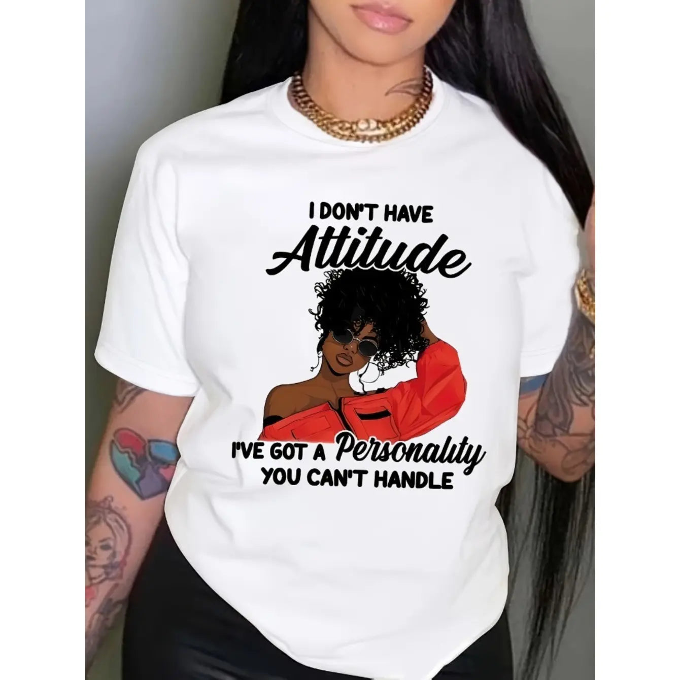 "I Don't Have An Attitude" Graphic Tee | Red Fashion Glasses Women's Shirt