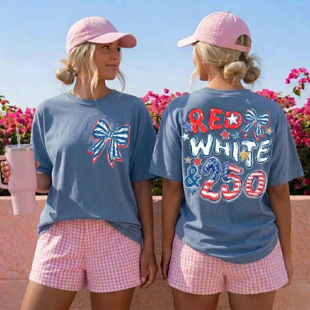Comfort Colors America 250th Anniversary Shirt – Red White & 250 Patriotic Bow Tee