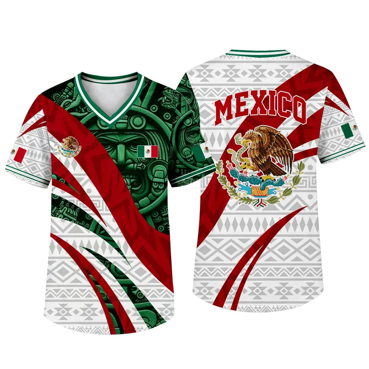 Mexico Flag Eagle V-Neck Jersey – Aztec Pattern Patriotic Soccer Style Shirt