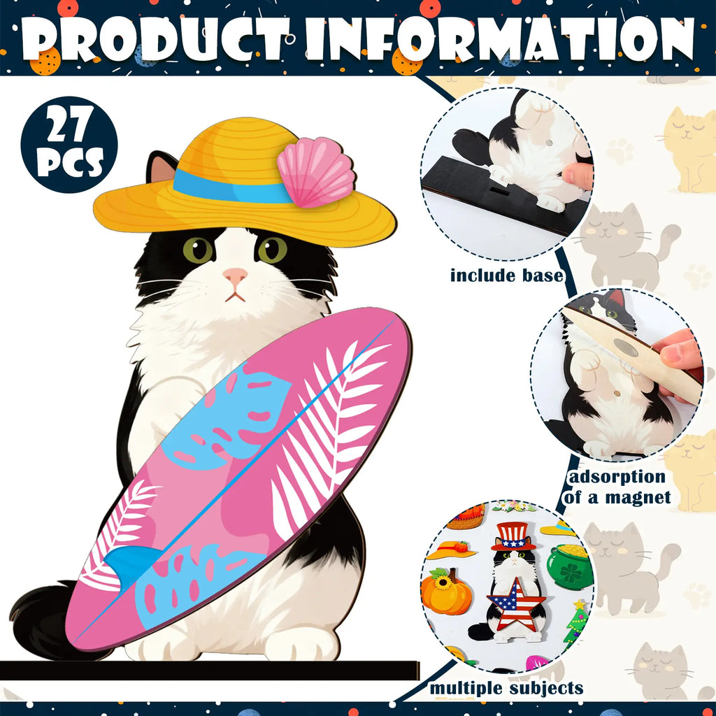 Interchangeable Cat Wooden Desk Decor with Magnetic Seasonal Hats – Cute Holiday Gift for Cat Lovers