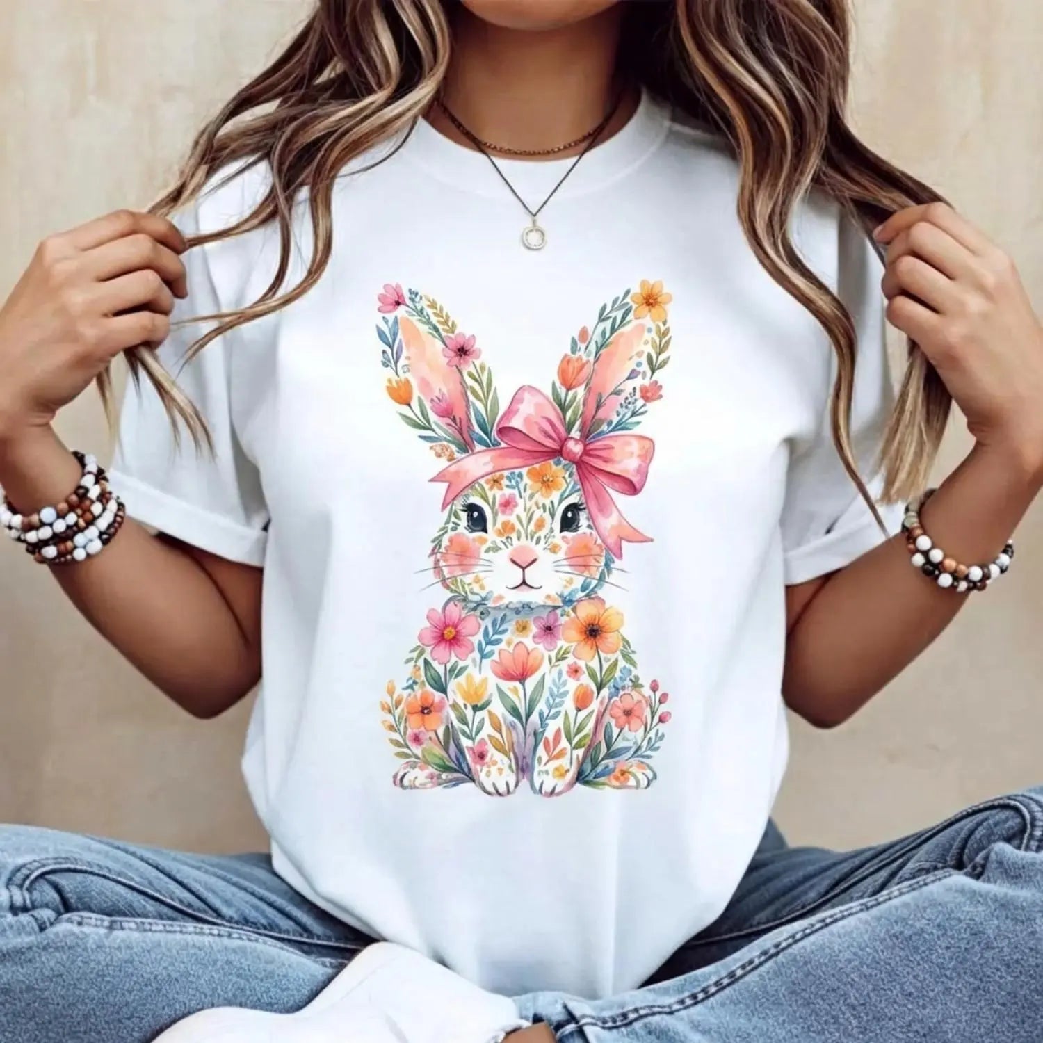 "Easter Bunny with Pink Bow" T-Shirt | Cute Colorful Swirls Graphic Tee