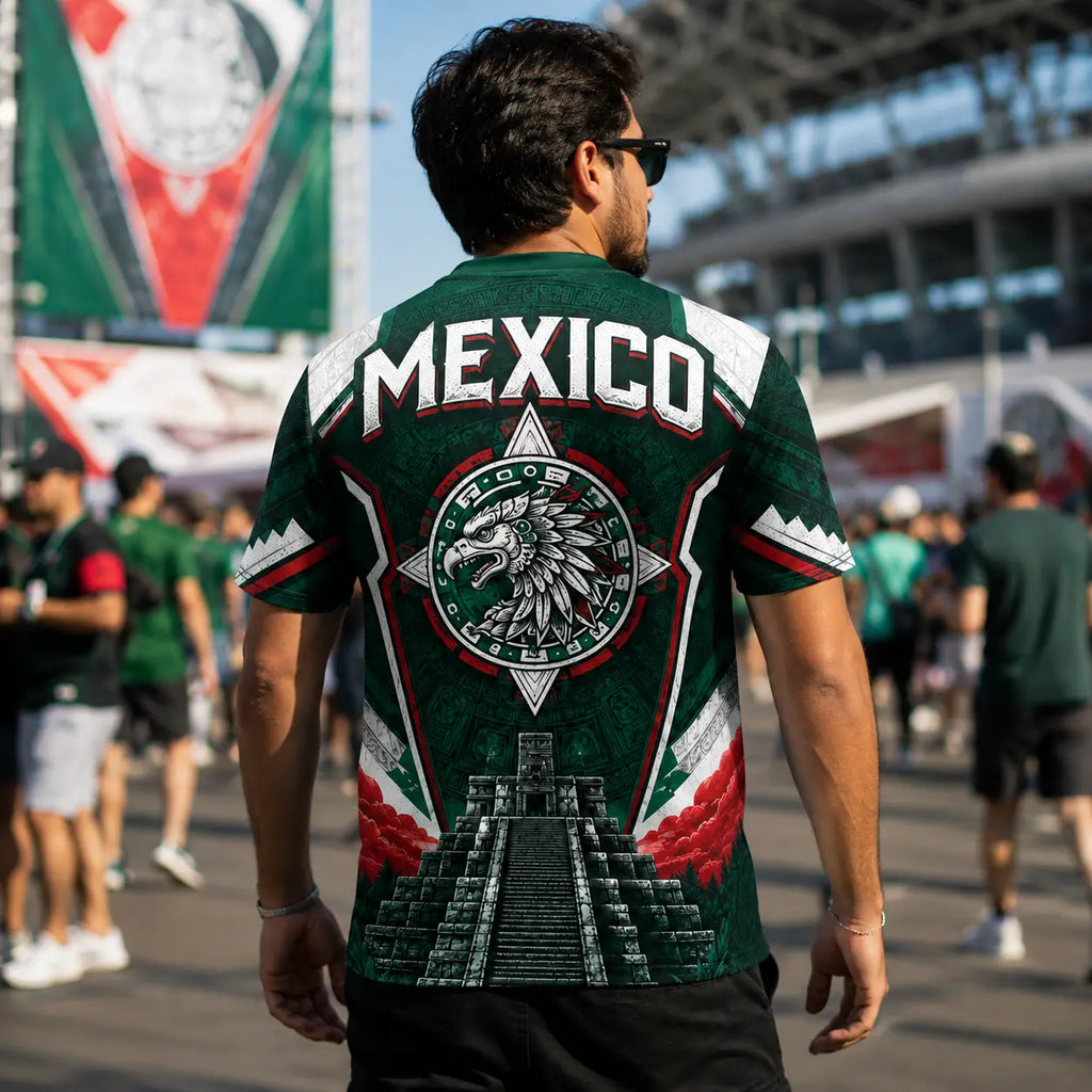 Men's Mexico V-Neck Soccer Jersey – Breathable Mesh Aztec Eagle Graphic Top