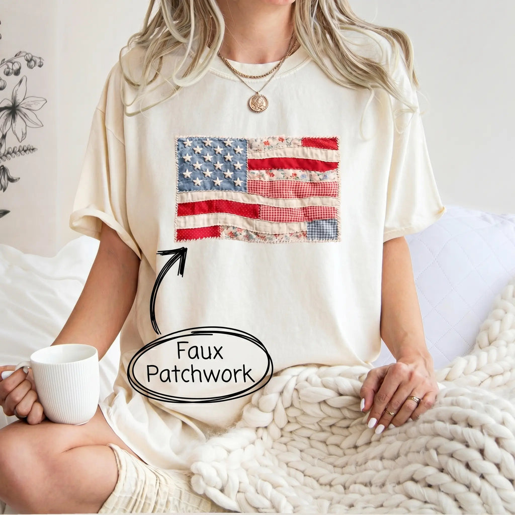 (FAUX PATCHWORK-PRINT) Comfort Colors Retro American Flag Patriotic Shirt - HARSIN 4th of July Graphic Tee