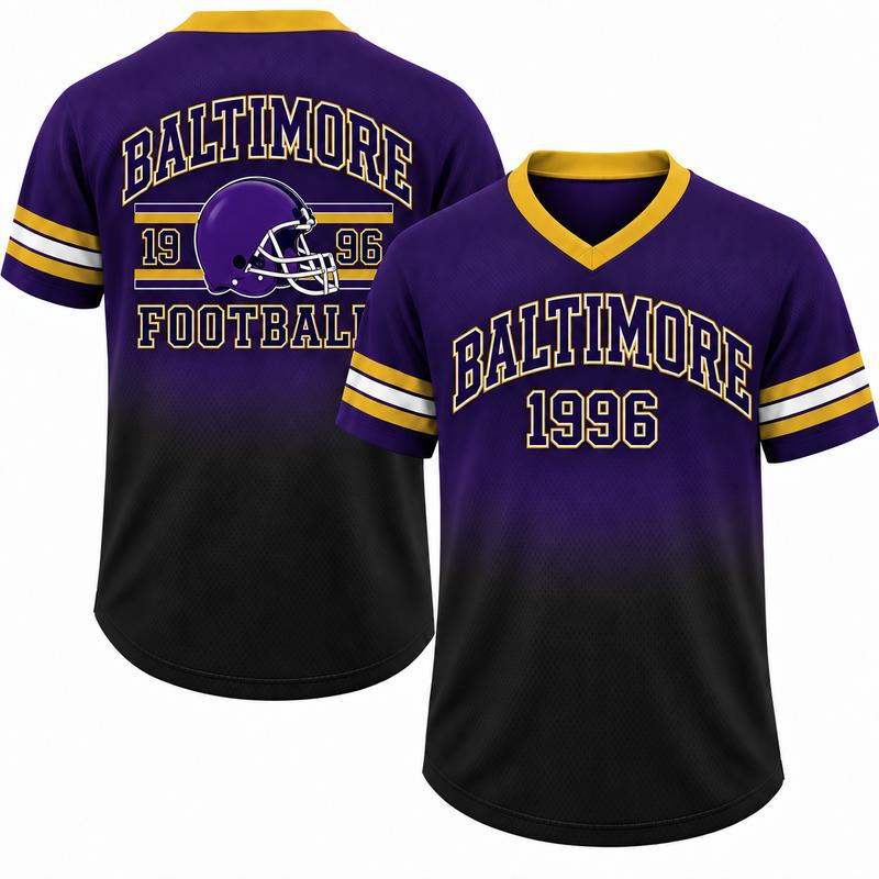 Game Day Gradient V-Neck Jersey – City Helmet Print Short-Sleeve Mesh Fan Shirt
