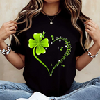 Crew Neck T-Shirt Four Leaf Clover Heart Design St Patrick's Day Celebration