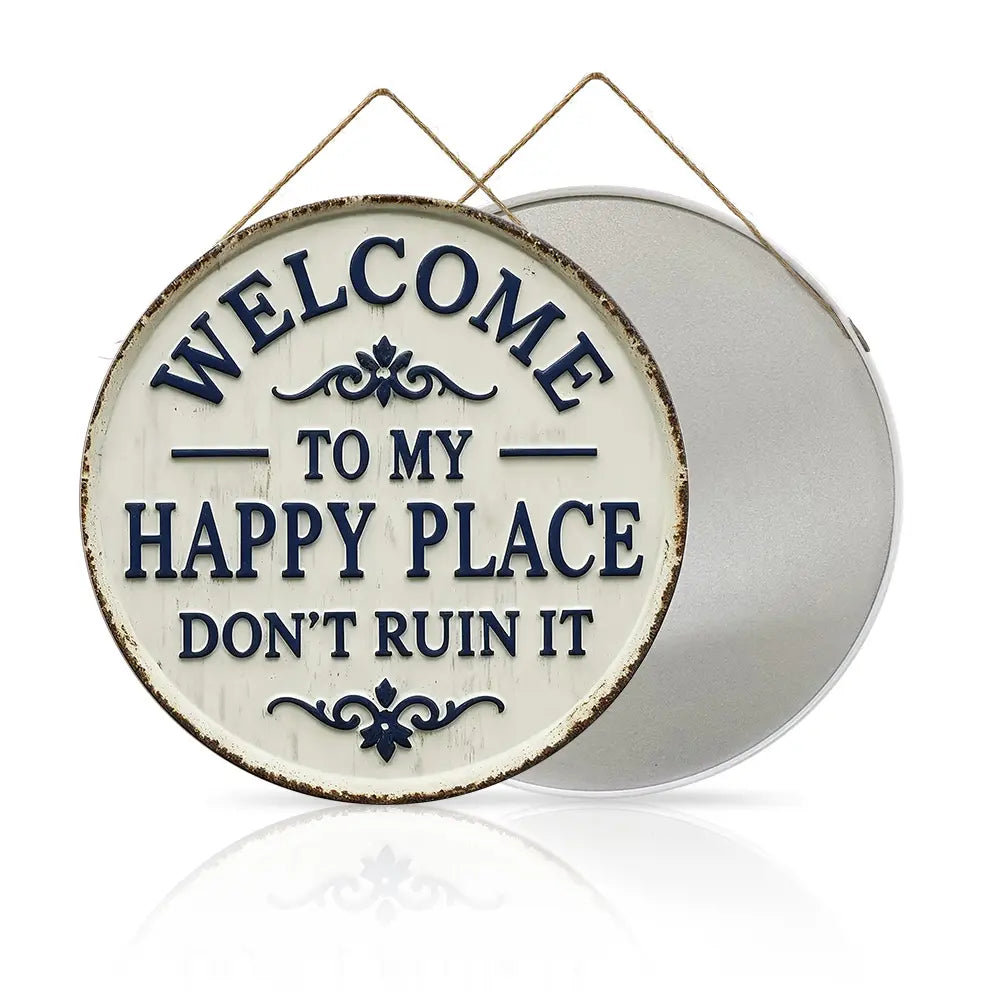 "Welcome to My Happy Place" Metal Wall Art - Multicolor Farmhouse Tin Sign Decor