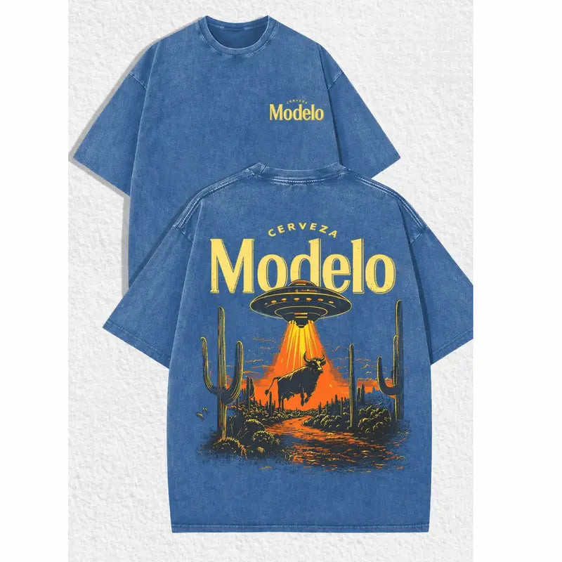 'Cerveza Modelo' Retro UFO & Bull Desert Graphic T-Shirt - Vintage Distressed Streetwear