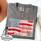 (FAUX PATCHWORK-PRINT) Comfort Colors Retro American Flag Patriotic Shirt - HARSIN 4th of July Graphic Tee