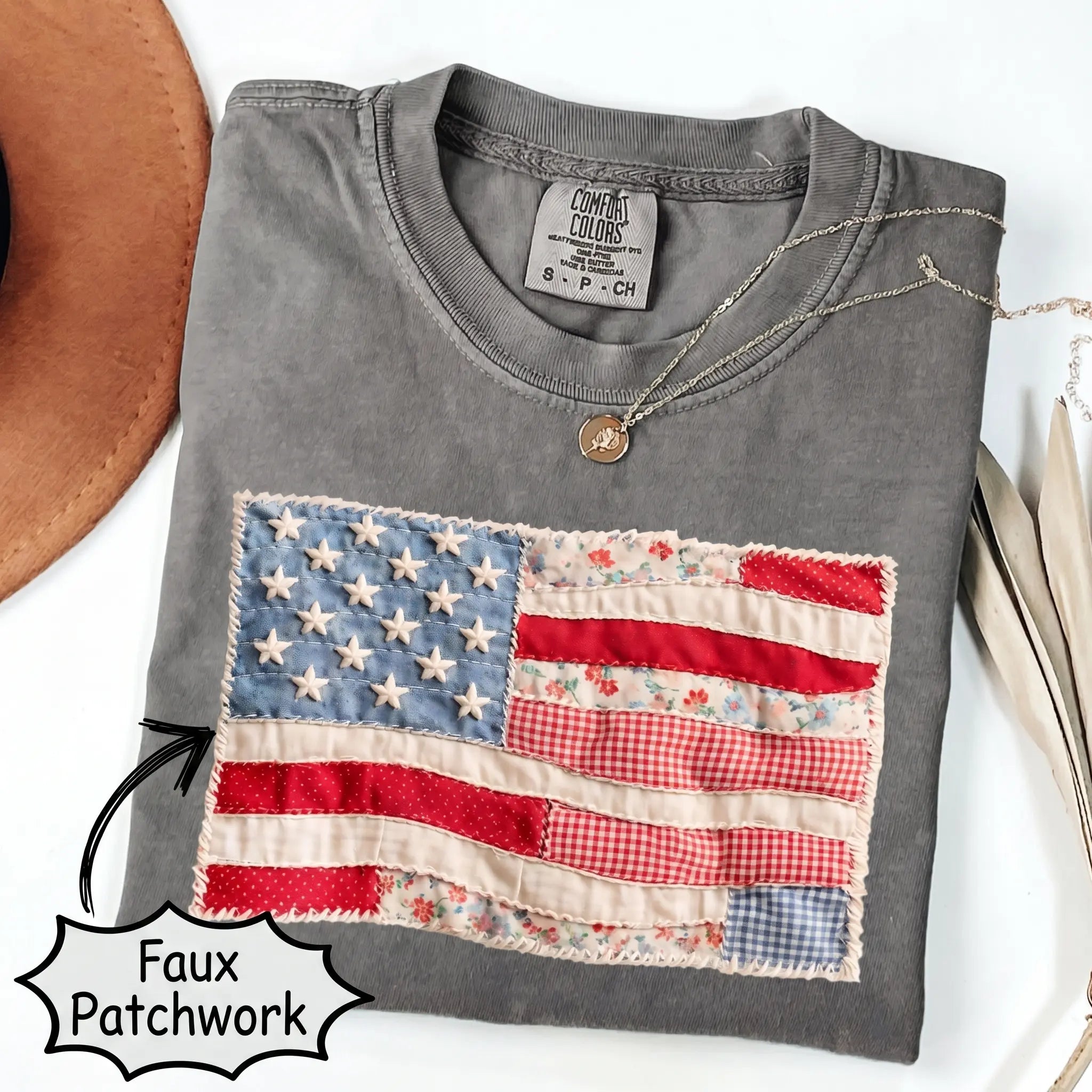 (FAUX PATCHWORK-PRINT) Comfort Colors Retro American Flag Patriotic Shirt - HARSIN 4th of July Graphic Tee