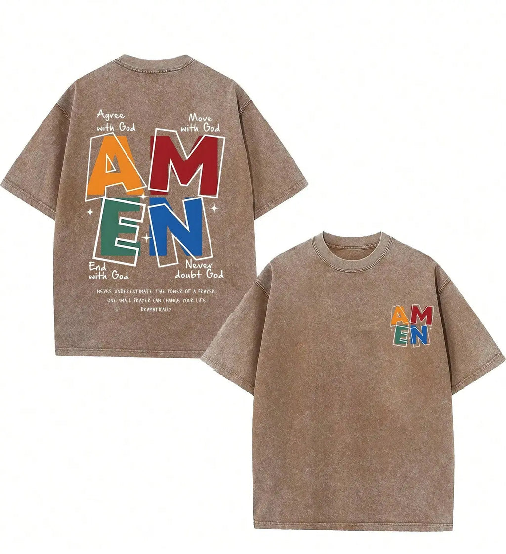 AMEN Vintage Distressed Tee | 230g Premium Washed Cotton | Classic Letter Graphic T-Shirt - Unisex Casual Fit