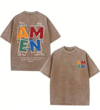 AMEN Vintage Distressed Tee | 230g Premium Washed Cotton | Classic Letter Graphic T-Shirt - Unisex Casual Fit