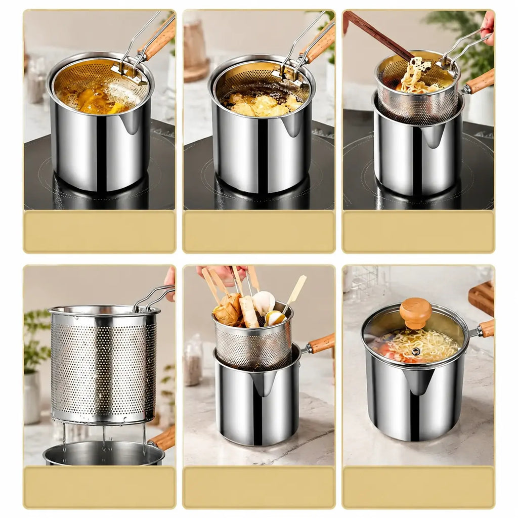 3-Piece Stainless Steel Mini Deep Fryer Set – Portable Pot with Strainer Basket & Food Tongs