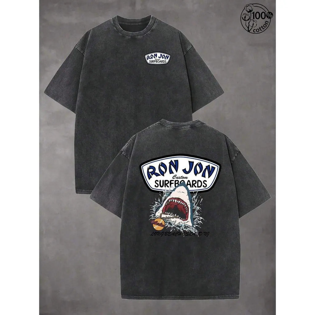 Vintage Shark Surfing T-Shirt - Retro Washed Cotton Beach Streetwear Top