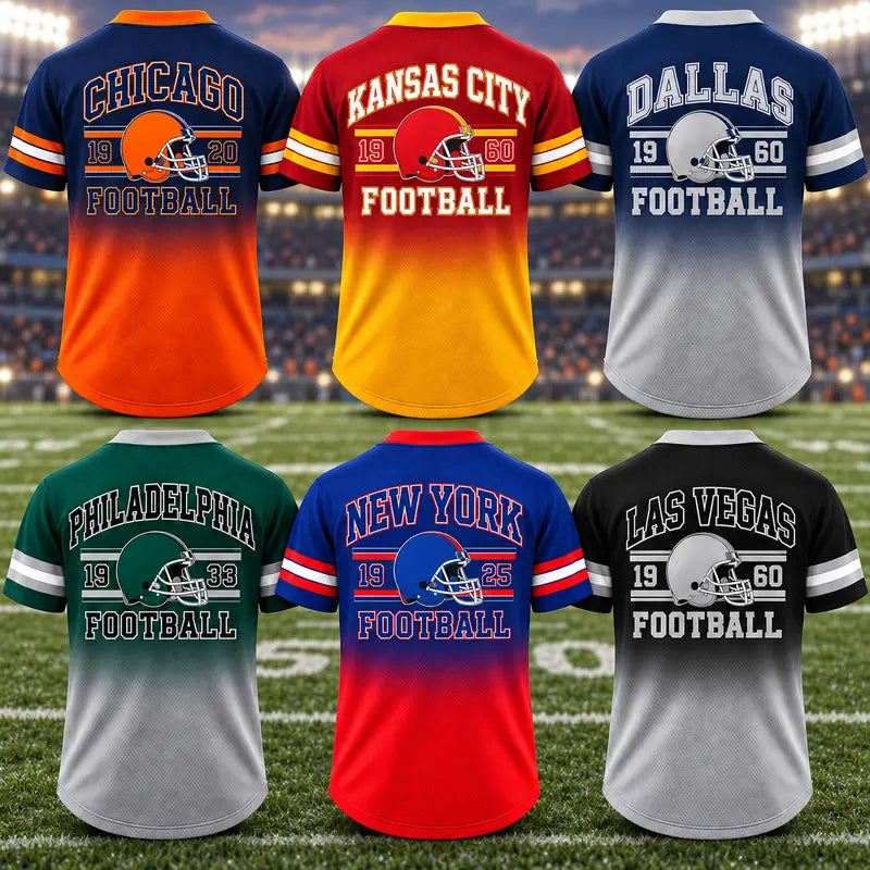 Game Day Gradient V-Neck Jersey – City Helmet Print Short-Sleeve Mesh Fan Shirt
