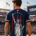 USA Patriotic Soccer Jersey – Navy American Flag & Statue of Liberty V-Neck Sports Tee