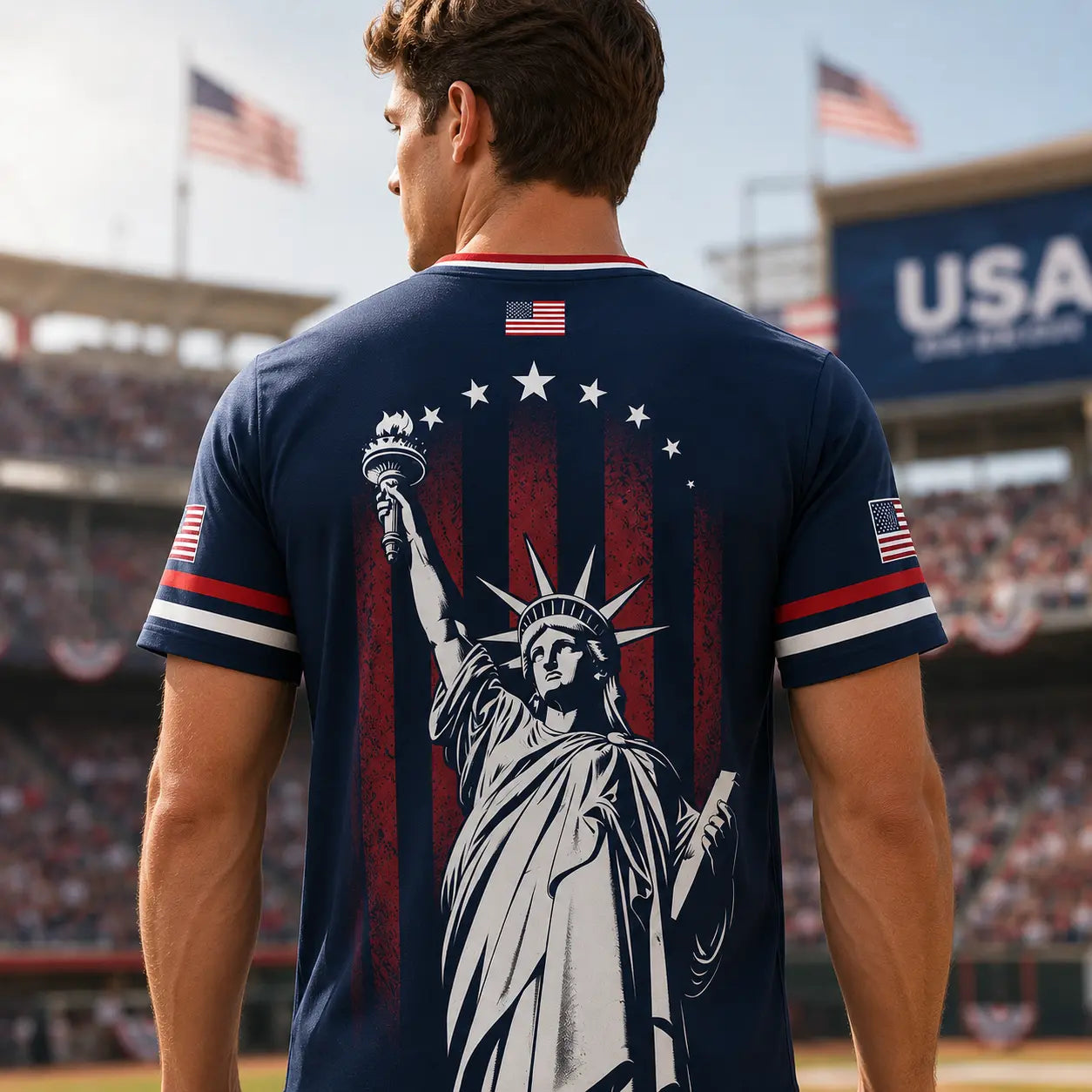 USA Patriotic Soccer Jersey – Navy American Flag & Statue of Liberty V-Neck Sports Tee