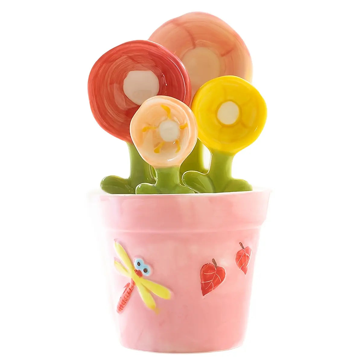 4-Pack Cute Ceramic Flower Measuring Spoons Set with Base, Decorative Measuring Spoons and Flower Pot Design Cup Set with Capacity Marks for Milk Powder, Sugar and Salt, Flower Baking Spoons for Home Kitchen Cooking, Kitchenware Utensils #GLOBAL PICKS